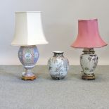An oriental table lamp and shade, 74cm high overall,