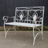 A white painted metal folding garden bench,