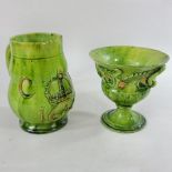 A Castle Hedingham green glazed pottery pedestal bowl,