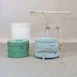 A white painted wire framed garden table, 82cm diameter, together with a metal hat box,