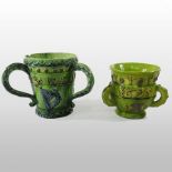 A Castle Hedingham green glazed pottery three handled cup, inscribed Robart Shaw 1692, 12cm high,