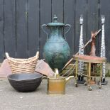 A metal urn, 81cm high, together with a brass trolley,