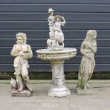 A reconstituted stone garden figure, together with another and a fountain,