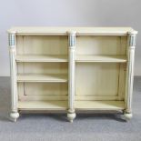 A William IV style cream painted dwarf open bookcase,