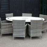 A rattan garden table, with a simulated marble top, 180 x 120cm,