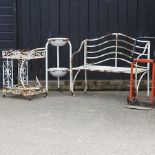 A white painted metal garden bench, 110cm, together with a similar drinks trolley,