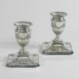 A pair of Edwardian silver dwarf table candlesticks, of Neo-Classical style, with removable sconces,