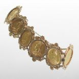 An unmarked sovereign bracelet, suspended with six Victorian sovereigns,