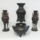 A Chinese bronze incense burner, 18cm wide, together with a pair of bronze vases,