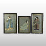 Three early 20th century Japanese relief fabric portraits, each depicted wearing traditional dress,