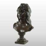 After Jules Olest, (1800-1900), a bronze bust of a young woman, mounted on a socle base and plinth,