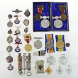 A collection of World War I and later medals and badges, to include Great War, 1914-18,