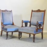 A pair of Edwardian mahogany blue upholstered chairs