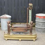 A fire grate, 91cm, together with a brass fender, a galvanized bin and drum,