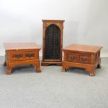 A pair of hardwood coffee tables, together with a similar cabinet,