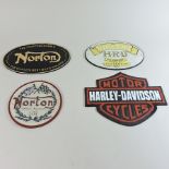 Four various cast iron signs, to include Harley Davidson, Norton and Vincent,