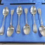 A set of six large 19th century silver fiddle pattern tea/coffee spoons, by the Williams family,