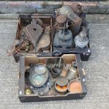 Four boxes of metalwares, to include railway lanterns,