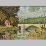 English School, 20th century, river landscape with a bridge, oil on canvas,