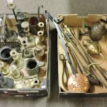 Two boxes of metalwares, to include brass candlesticks,