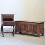 A mahogany cabinet, together with a table and an Old Charm coffer,