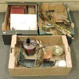 Three boxes of items to include a model ship, copper saucepan, brass fire tools,