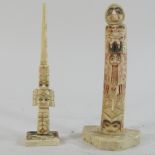 A carved bone model of a totem pole, 14cm high,