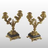 A pair of continental gilt bronze two branch table candelabra, decorated with fruit and putti,