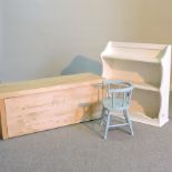 A white painted wall shelf, 76cm, together with a pine corner bracket,