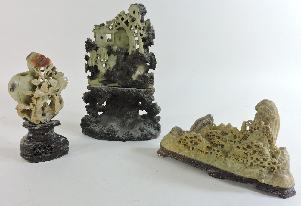 A Chinese soapstone carving of a rocky landscape, with buildings, trees and mountains, 22cm wide, - Image 10 of 13