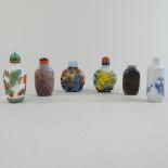 A collection of six various Chinese glass and hardstone snuff bottles, with overlaid decoration,