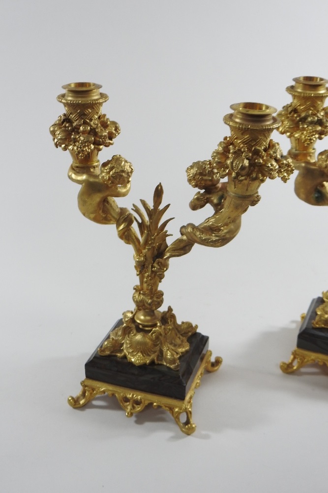 A pair of continental gilt bronze two branch table candelabra, decorated with fruit and putti, - Image 8 of 8