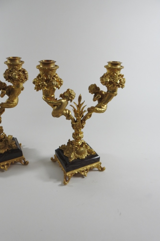 A pair of continental gilt bronze two branch table candelabra, decorated with fruit and putti, - Image 3 of 8