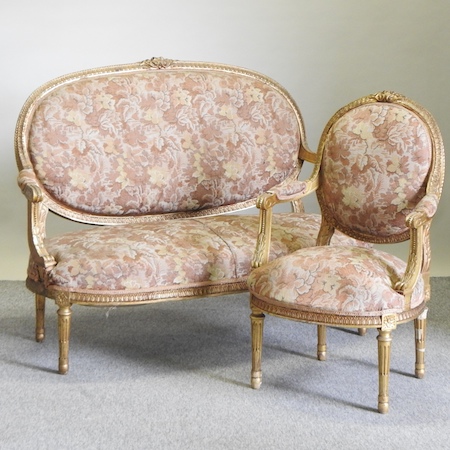 A French gilt five piece suite, comprising a sofa, 139cm,