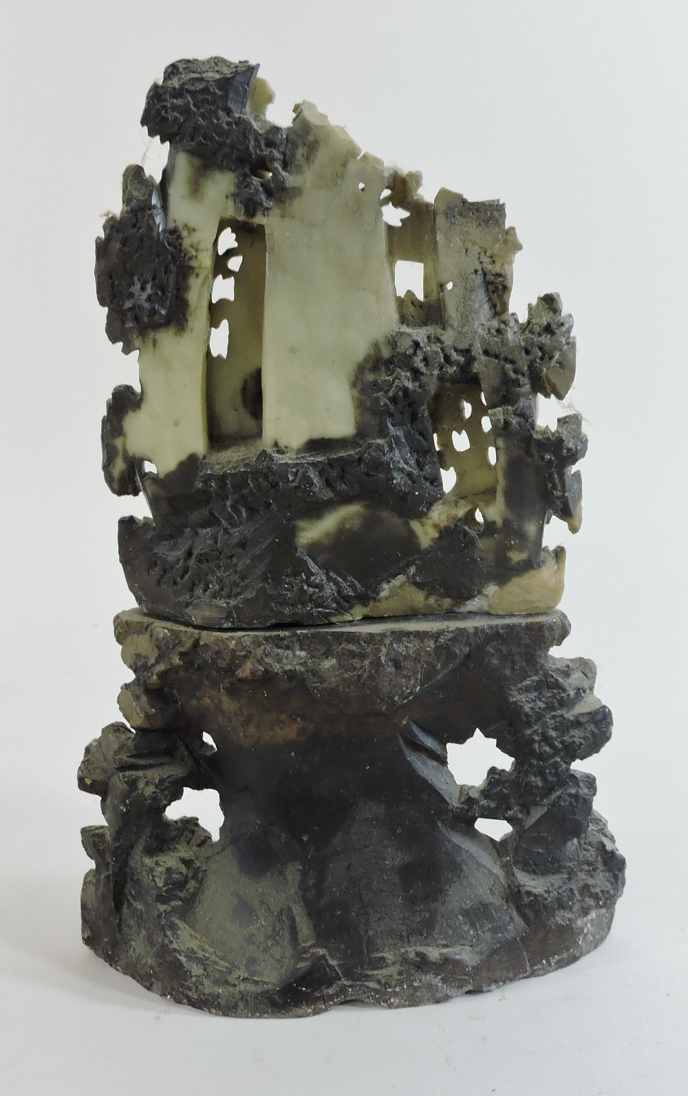 A Chinese soapstone carving of a rocky landscape, with buildings, trees and mountains, 22cm wide, - Image 2 of 13