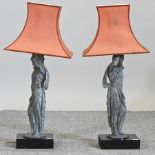 A cast metal classical figure of a lady, mounted as a table lamp, with shade, 67cm high overall,