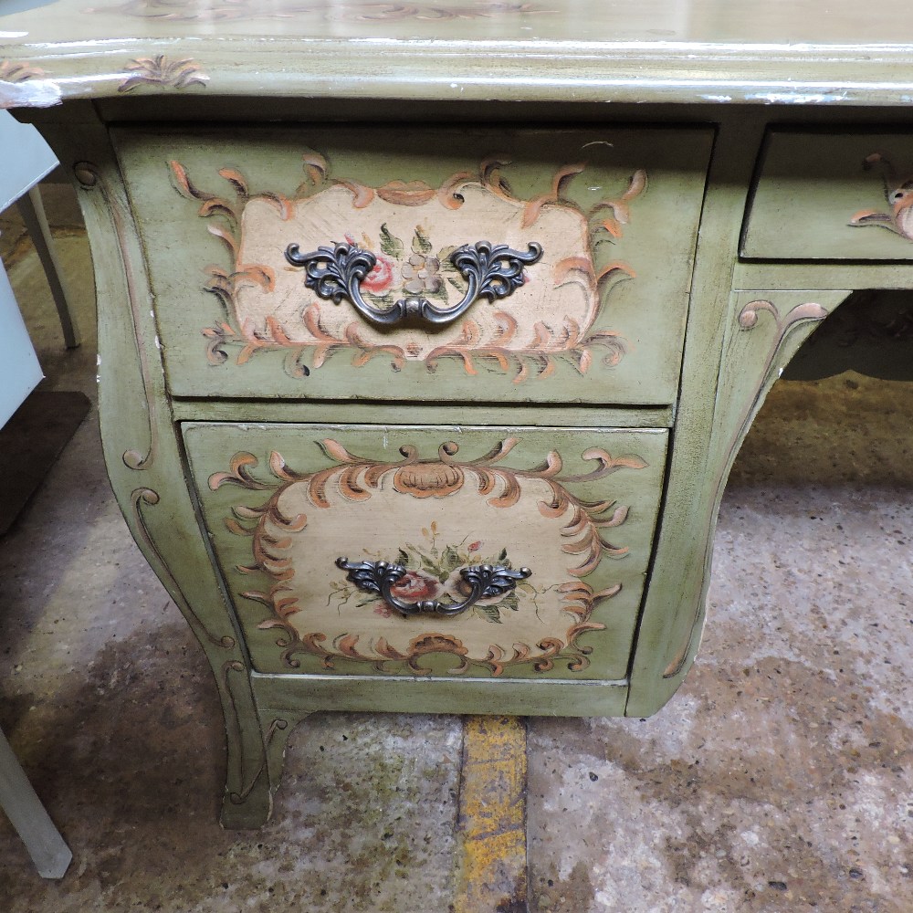 A Venetian style green painted desk, with floral decoration, - Image 11 of 14