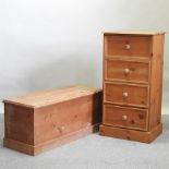 A pine chest of drawers, together with a pine trunk,