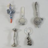 A collection of Victorian style children's rattles, to include mother of pearl examples,