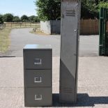 A grey painted metal locker, together with a filing cabinet,