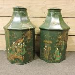 A pair of reproduction green painted metal octagonal tea canisters,
