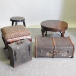 A circular oak occasional table, 60cm, together with a stool, a footstool,