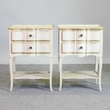 A pair of French style cream painted bedside tables, each containing two drawers, with an undertier,