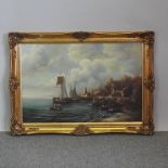 S D Richelle, extensive harbour scene, signed, oil on canvas,