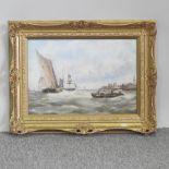 English School, 20th century, coastal scene at a harbour entrance, oil on canvas laid on board,