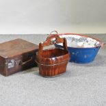 An antique painted tin bath, together with a wooden bucket and a leather suitcase,