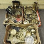Three boxes of mainly brass, to include fire tools,