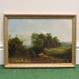 Attributed to Frederick Williams, 19th century, wooded river landscape, with cottage, oil on canvas,