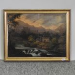 English School, 19th century, river landscape with anglers, castle beyond,