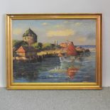 French School, 20th century, Mediterranean coastal scene, oil on canvas, signed indistinctly,